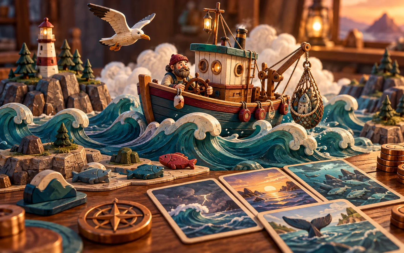 A miniature boat, sculpted waves, fog and a golden gull