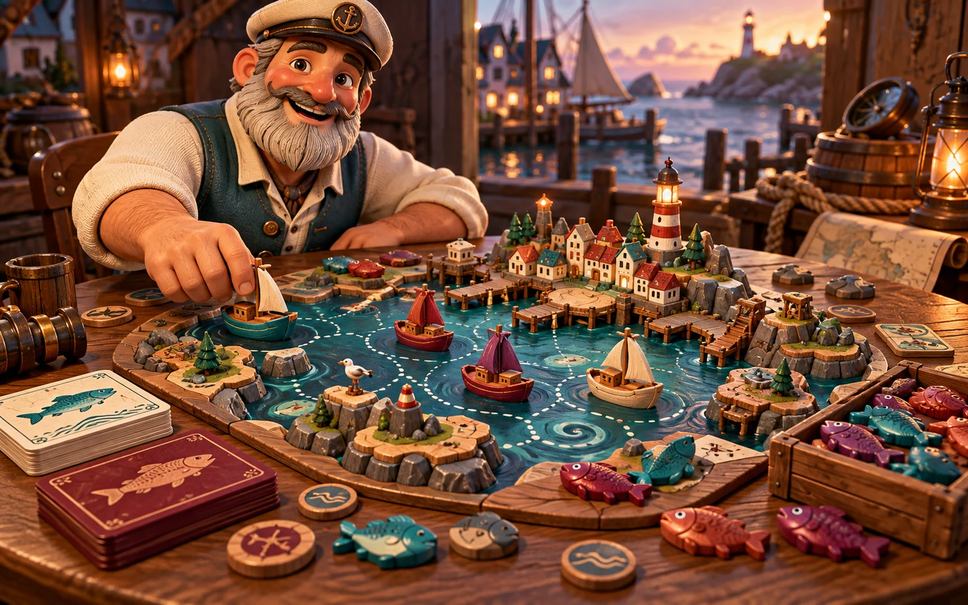 A captain with a colourful miniature harbour board and four boats